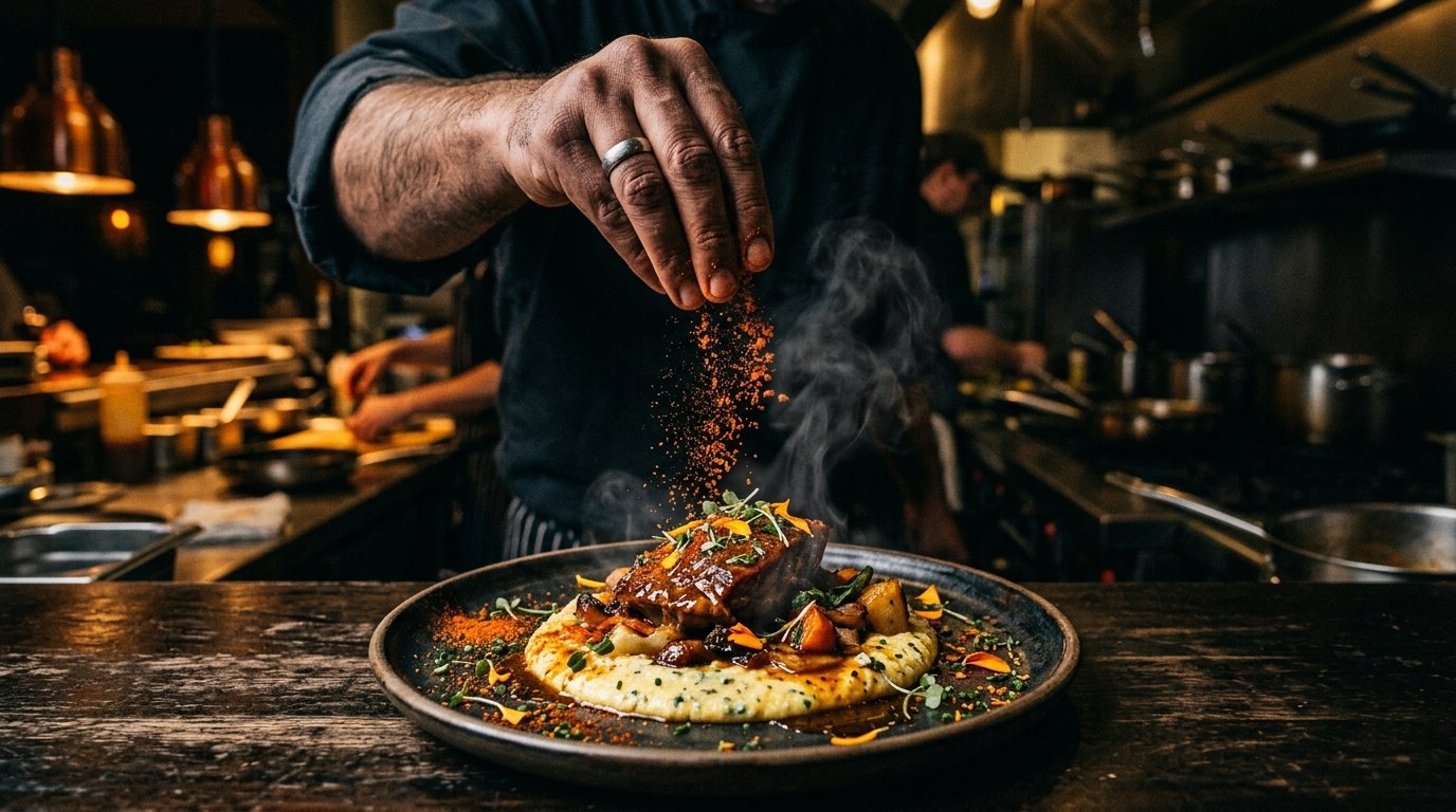 Chef hand sprinkling spices over plated gourmet food